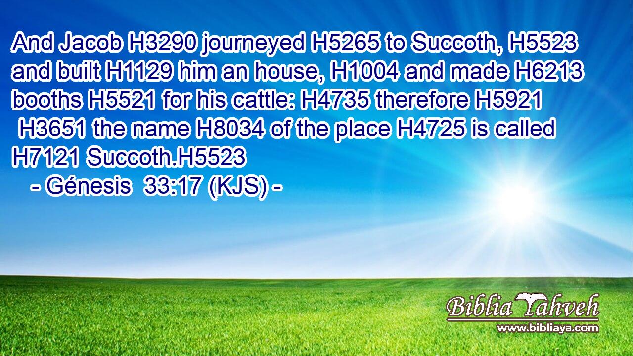 And Jacob H3290 journeyed H5265 to Succoth, H5523 and built H1129 him an house, H1004 and made H6213 booths H5521 for his cattle: H4735 therefore H5921  H3651 the name H8034 of the place H4725 is called H7121 Succoth.H5523