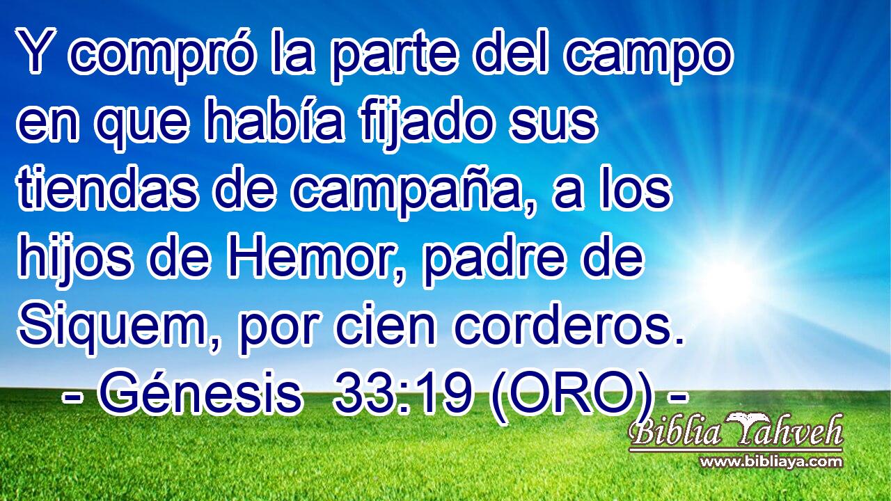  Y compró la parte del campo en que había fijado sus tiendas de campaña, a los hijos de Hemor, padre de Siquem, por cien corderos. 