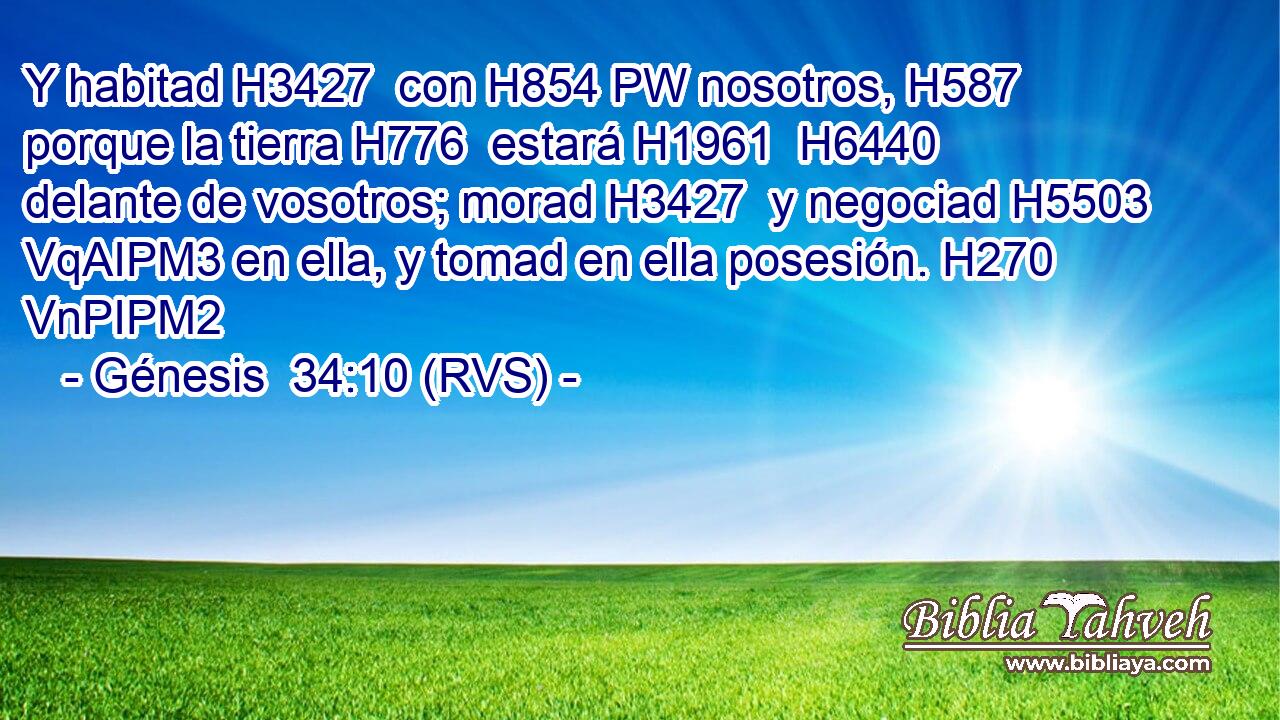 Y habitad H3427  con H854 PW nosotros, H587  porque la tierra H776  estará H1961  H6440 delante de vosotros; morad H3427  y negociad H5503 VqAIPM3 en ella, y tomad en ella posesión. H270 VnPIPM2 