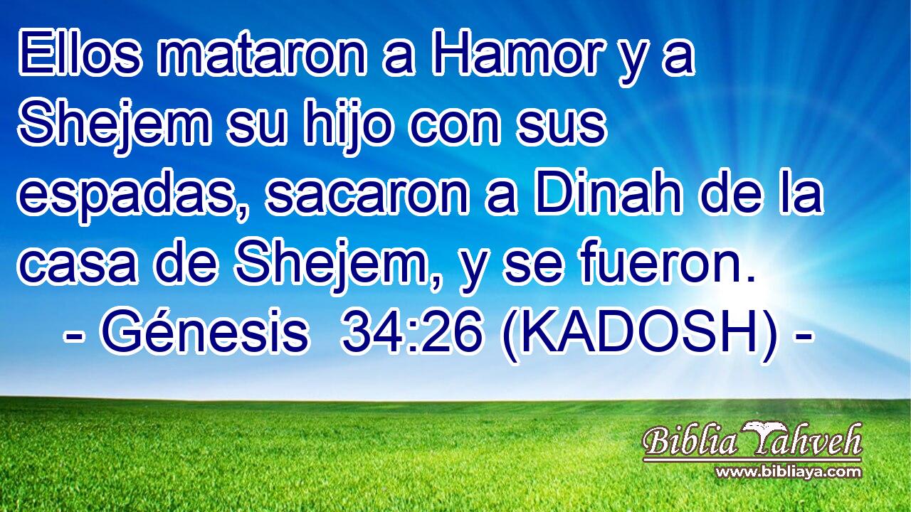  Ellos mataron a Hamor y a Shejem su hijo con sus espadas, sacaron a Dinah de la casa de Shejem, y se fueron. 