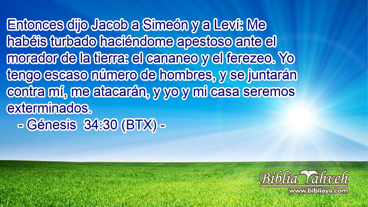 Entonces dijo Jacob a Simeón y a Leví: Me habéis turbado haciéndome apestoso ante el morador de la tierra: el cananeo y el ferezeo. Yo tengo escaso número de hombres, y se juntarán contra mí, me atacarán, y yo y mi casa seremos exterminados.