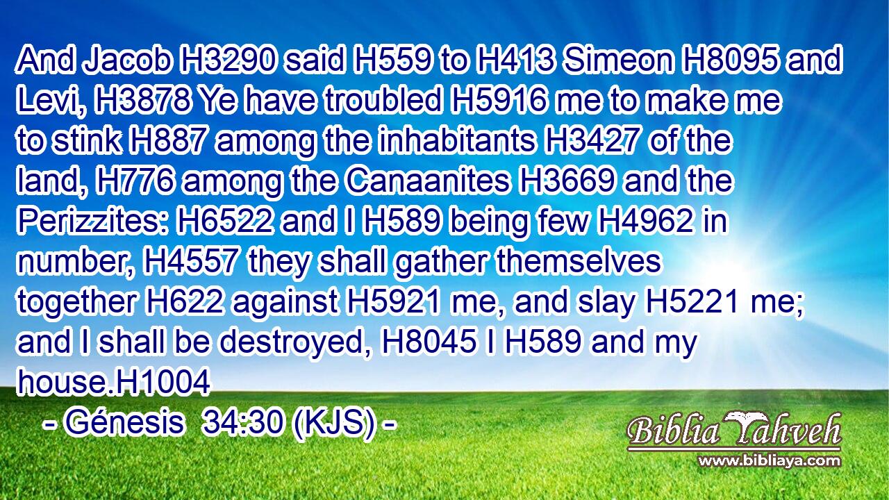 And Jacob H3290 said H559 to H413 Simeon H8095 and Levi, H3878 Ye have troubled H5916 me to make me to stink H887 among the inhabitants H3427 of the land, H776 among the Canaanites H3669 and the Perizzites: H6522 and I H589 being few H4962 in number, H4557 they shall gather themselves together H622 against H5921 me, and slay H5221 me; and I shall be destroyed, H8045 I H589 and my house.H1004