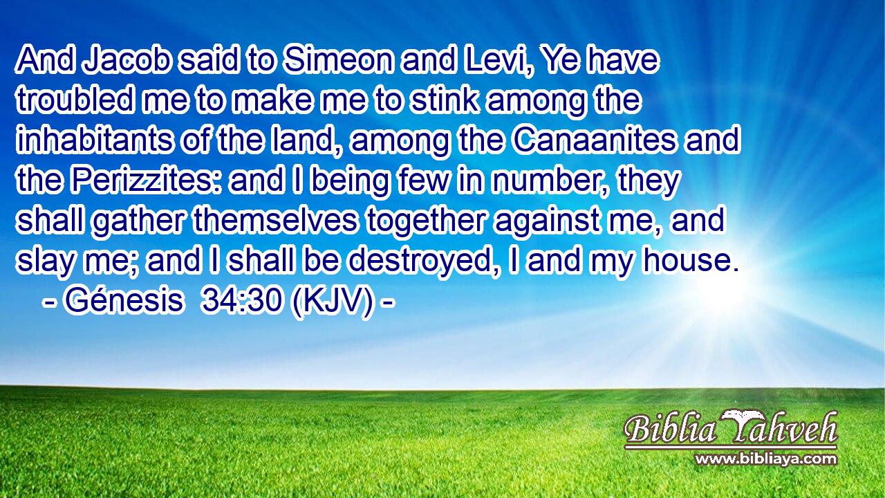 And Jacob said to Simeon and Levi, Ye have troubled me to make me to stink among the inhabitants of the land, among the Canaanites and the Perizzites: and I being few in number, they shall gather themselves together against me, and slay me; and I shall be destroyed, I and my house.