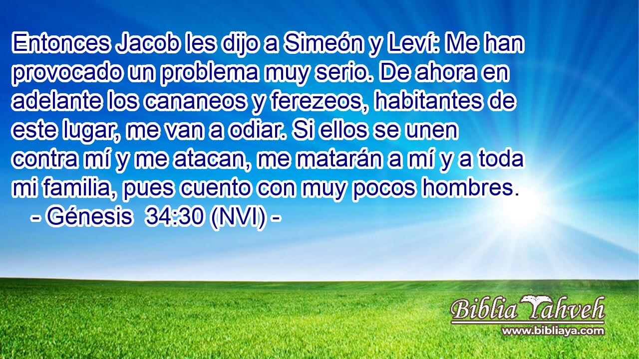  Entonces Jacob les dijo a Simeón y Leví: Me han provocado un problema muy serio. De ahora en adelante los cananeos y ferezeos, habitantes de este lugar, me van a odiar. Si ellos se unen contra mí y me atacan, me matarán a mí y a toda mi familia, pues cuento con muy pocos hombres. 