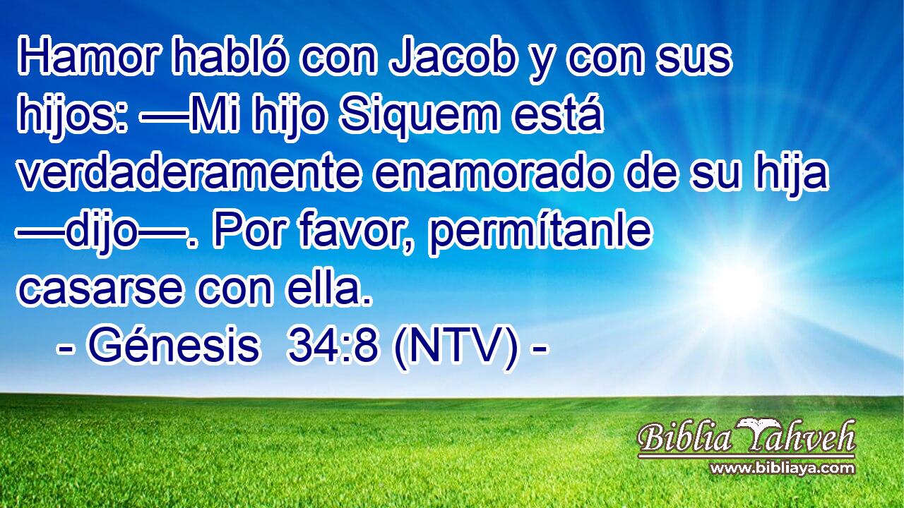 Hamor habló con Jacob y con sus hijos: —Mi hijo Siquem está verdaderamente enamorado de su hija —dijo—. Por favor, permítanle casarse con ella.