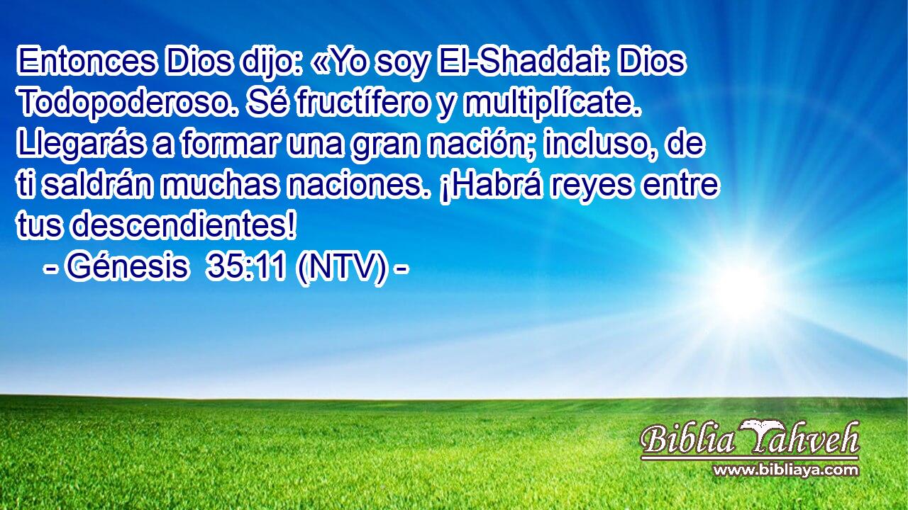 Entonces Dios dijo: «Yo soy El-Shaddai: Dios Todopoderoso. Sé fructífero y multiplícate. Llegarás a formar una gran nación; incluso, de ti saldrán muchas naciones. ¡Habrá reyes entre tus descendientes!