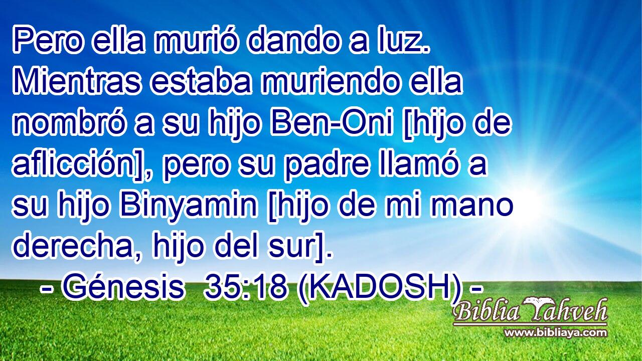  Pero ella murió dando a luz. Mientras estaba muriendo ella nombró a su hijo Ben-Oni [hijo de aflicción], pero su padre llamó a su hijo Binyamin [hijo de mi mano derecha, hijo del sur]. 
