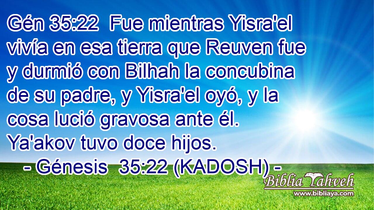  Fue mientras Yisra'el vivía en esa tierra que Reuven fue y durmió con Bilhah la concubina de su padre, y Yisra'el oyó, y la cosa lució gravosa ante él. Ya'akov tuvo doce hijos. 