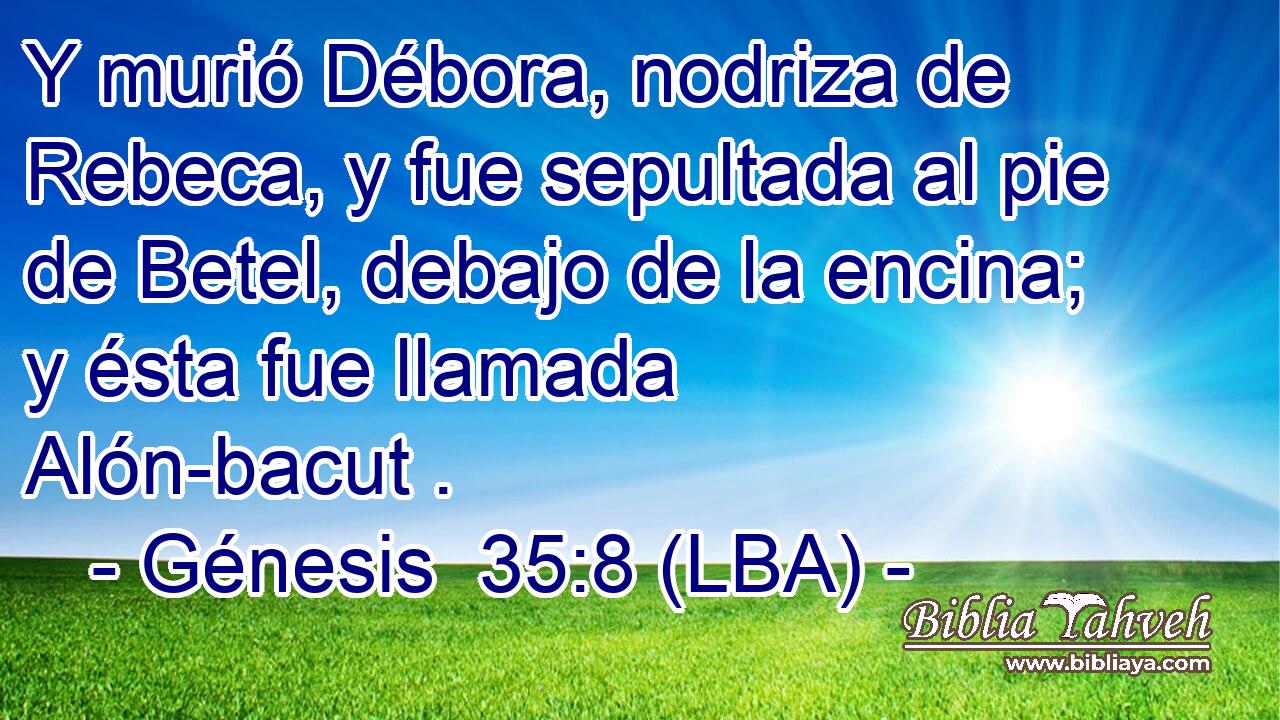 Y murió Débora, nodriza de Rebeca, y fue sepultada al pie de Betel, debajo de la encina; y ésta fue llamada Alón-bacut .