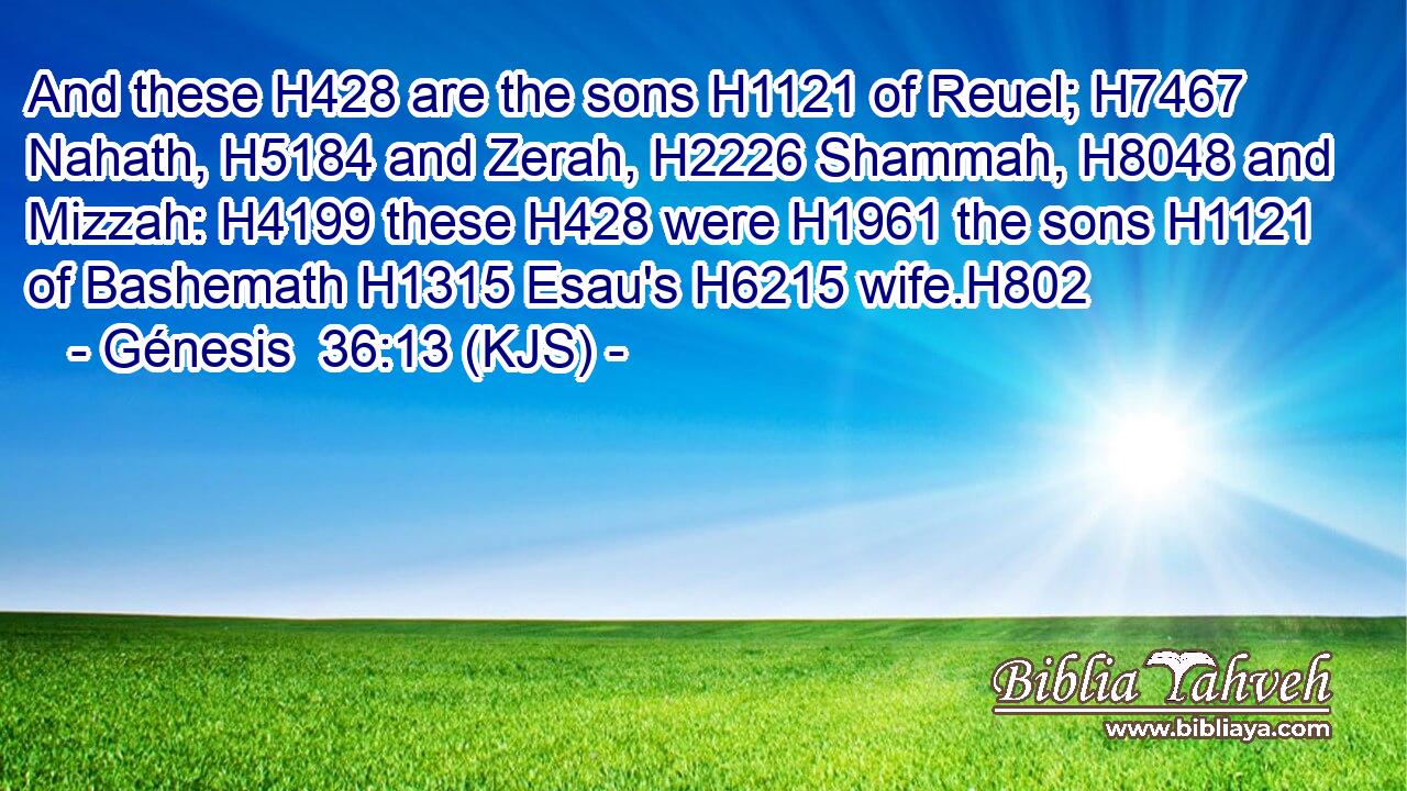 And these H428 are the sons H1121 of Reuel; H7467 Nahath, H5184 and Zerah, H2226 Shammah, H8048 and Mizzah: H4199 these H428 were H1961 the sons H1121 of Bashemath H1315 Esau's H6215 wife.H802