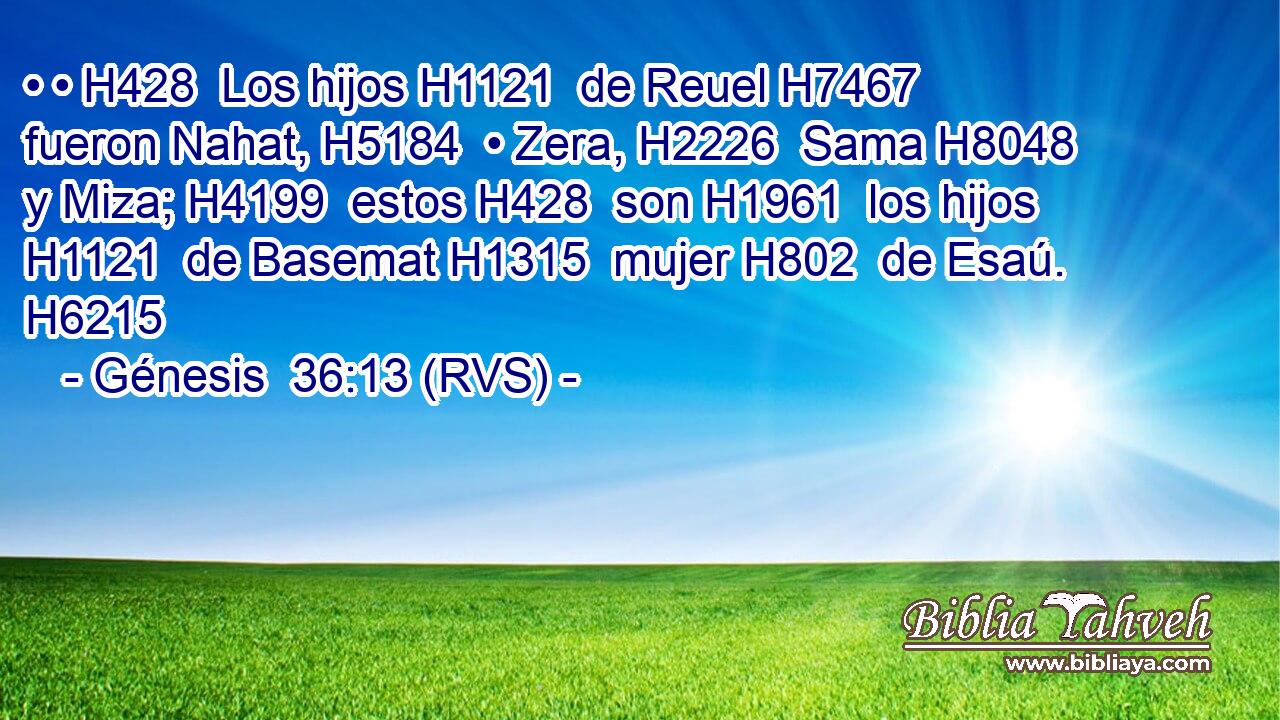 • • H428  Los hijos H1121  de Reuel H7467  fueron Nahat, H5184  • Zera, H2226  Sama H8048  y Miza; H4199  estos H428  son H1961  los hijos H1121  de Basemat H1315  mujer H802  de Esaú. H6215  