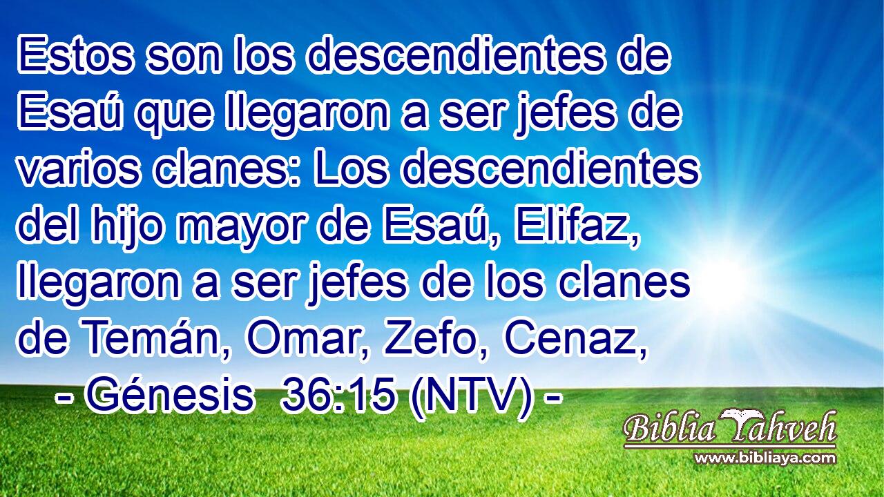 Estos son los descendientes de Esaú que llegaron a ser jefes de varios clanes: Los descendientes del hijo mayor de Esaú, Elifaz, llegaron a ser jefes de los clanes de Temán, Omar, Zefo, Cenaz,
