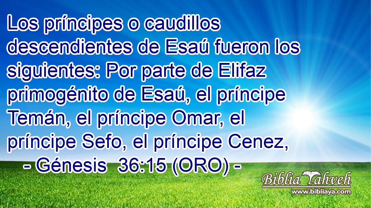  Los príncipes o caudillos descendientes de Esaú fueron los siguientes: Por parte de Elifaz primogénito de Esaú, el príncipe Temán, el príncipe Omar, el príncipe Sefo, el príncipe Cenez, 