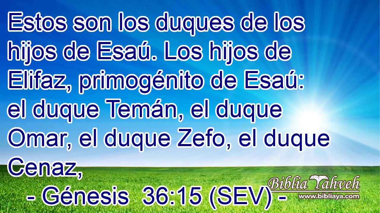 Estos son los duques de los hijos de Esaú. Los hijos de Elifaz, primogénito de Esaú: el duque Temán, el duque Omar, el duque Zefo, el duque Cenaz,