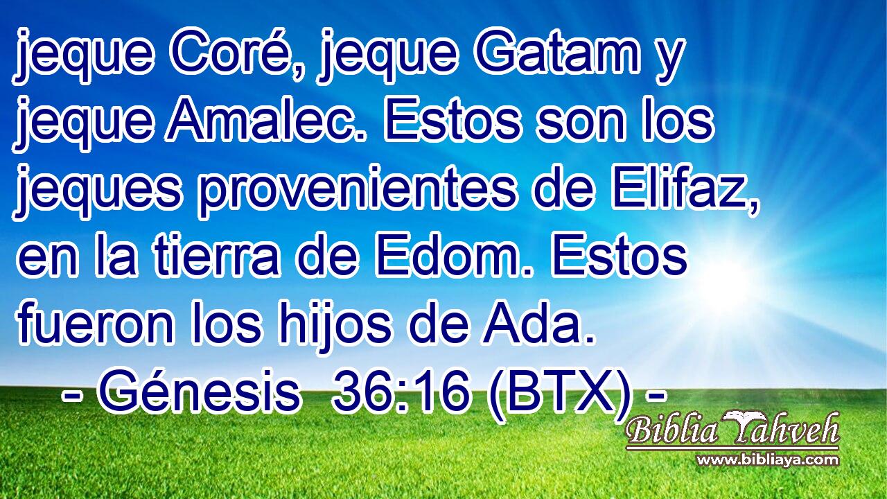 jeque Coré, jeque Gatam y jeque Amalec. Estos son los jeques provenientes de Elifaz, en la tierra de Edom. Estos fueron los hijos de Ada.