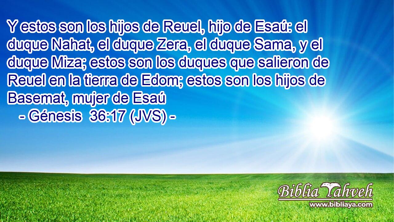 Y estos son los hijos de Reuel, hijo de Esaú: el duque Nahat, el duque Zera, el duque Sama, y el duque Miza; estos son los duques que salieron de Reuel en la tierra de Edom; estos son los hijos de Basemat, mujer de Esaú
