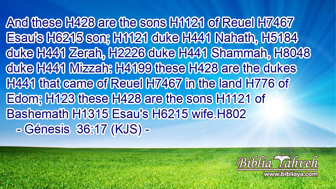 And these H428 are the sons H1121 of Reuel H7467 Esau's H6215 son; H1121 duke H441 Nahath, H5184 duke H441 Zerah, H2226 duke H441 Shammah, H8048 duke H441 Mizzah: H4199 these H428 are the dukes H441 that came of Reuel H7467 in the land H776 of Edom; H123 these H428 are the sons H1121 of Bashemath H1315 Esau's H6215 wife.H802