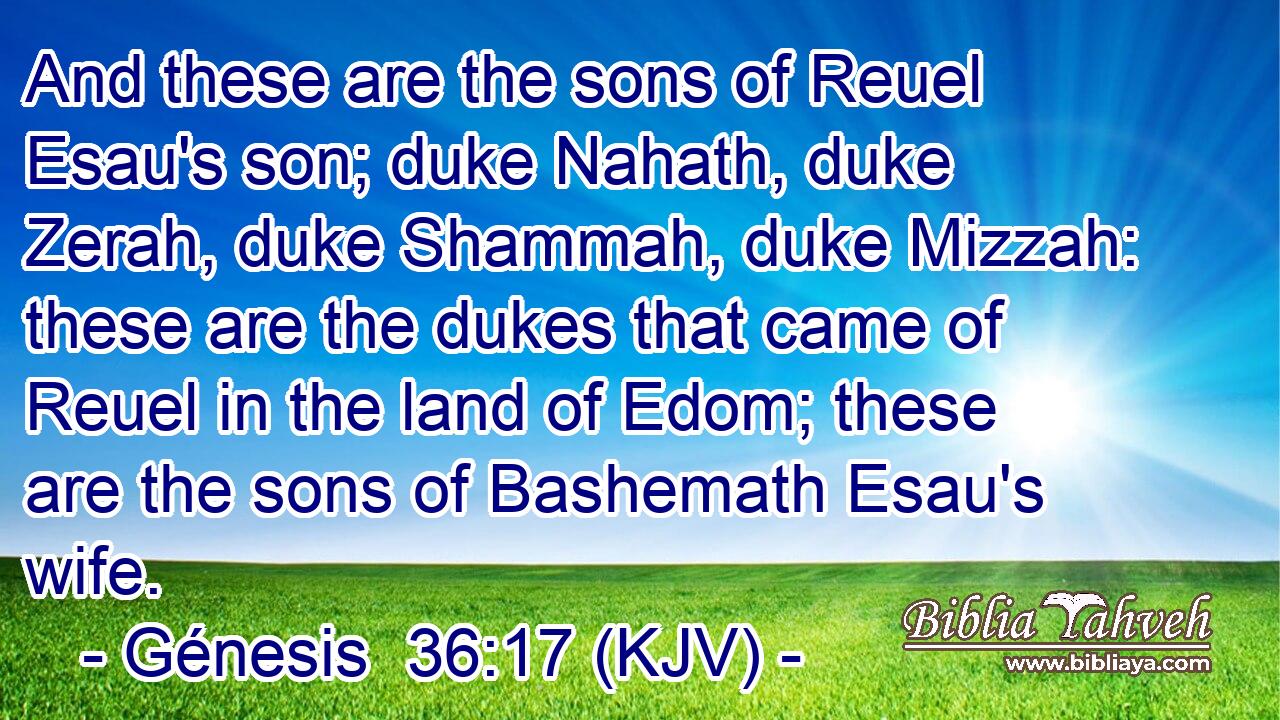 And these are the sons of Reuel Esau's son; duke Nahath, duke Zerah, duke Shammah, duke Mizzah: these are the dukes that came of Reuel in the land of Edom; these are the sons of Bashemath Esau's wife.