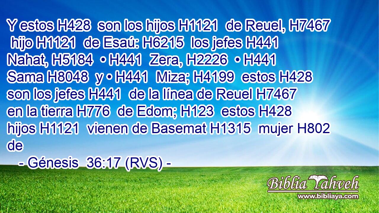 Y estos H428  son los hijos H1121  de Reuel, H7467  hijo H1121  de Esaú: H6215  los jefes H441  Nahat, H5184  • H441  Zera, H2226  • H441  Sama H8048  y • H441  Miza; H4199  estos H428  son los jefes H441  de la línea de Reuel H7467  en la tierra H776  de Edom; H123  estos H428  hijos H1121  vienen de Basemat H1315  mujer H802  de