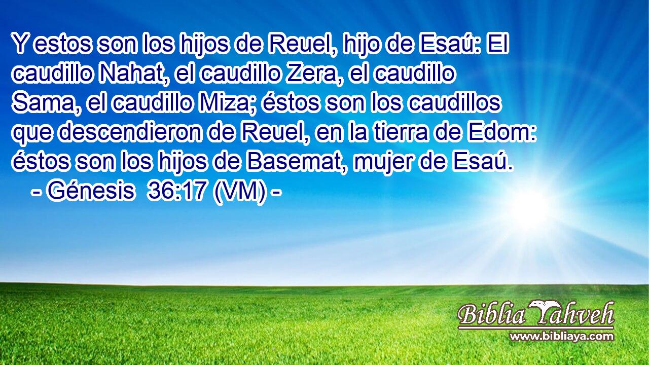  Y estos son los hijos de Reuel, hijo de Esaú: El caudillo Nahat, el caudillo Zera, el caudillo Sama, el caudillo Miza; éstos son los caudillos que descendieron de Reuel, en la tierra de Edom: éstos son los hijos de Basemat, mujer de Esaú. 