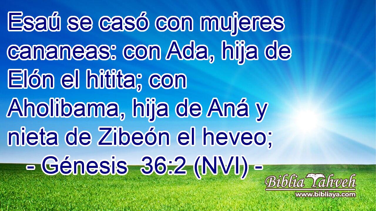 Esaú se casó con mujeres cananeas: con Ada, hija de Elón el hitita; con Aholibama, hija de Aná y nieta de Zibeón el heveo; 
