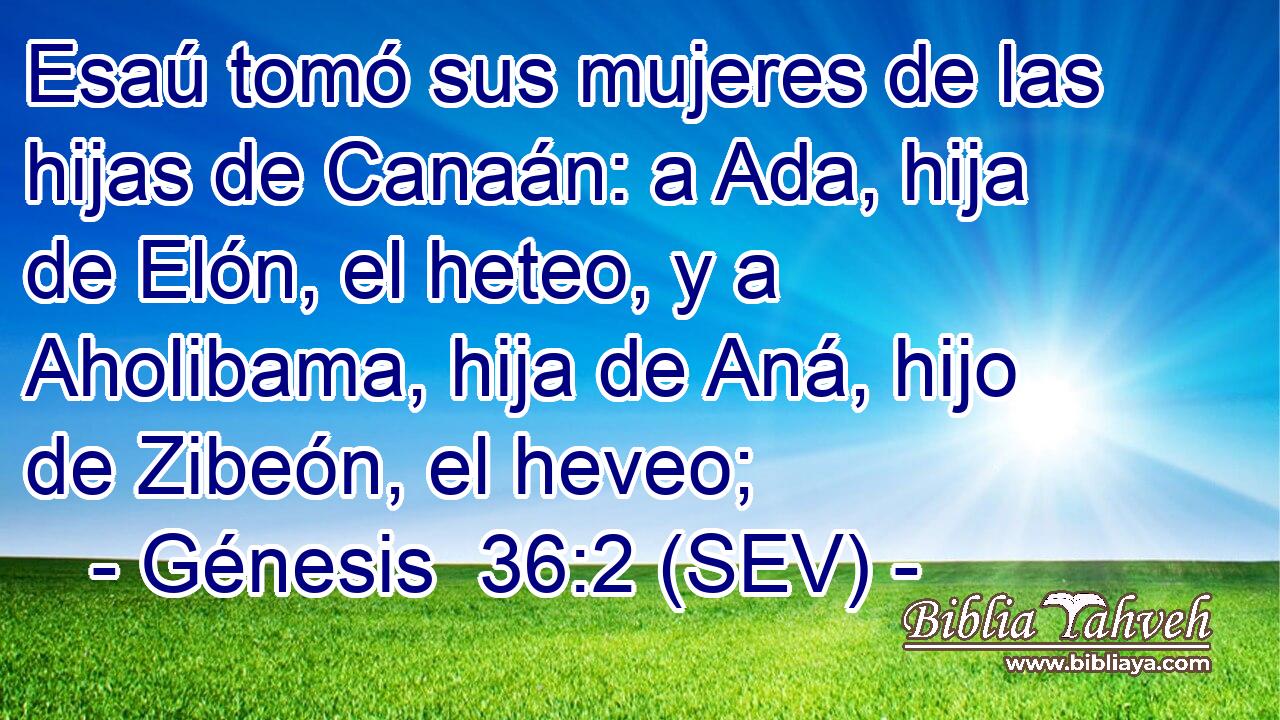 Esaú tomó sus mujeres de las hijas de Canaán: a Ada, hija de Elón, el heteo, y a Aholibama, hija de Aná, hijo de Zibeón, el heveo;