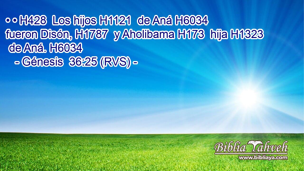 • • H428  Los hijos H1121  de Aná H6034  fueron Disón, H1787  y Aholibama H173  hija H1323  de Aná. H6034  