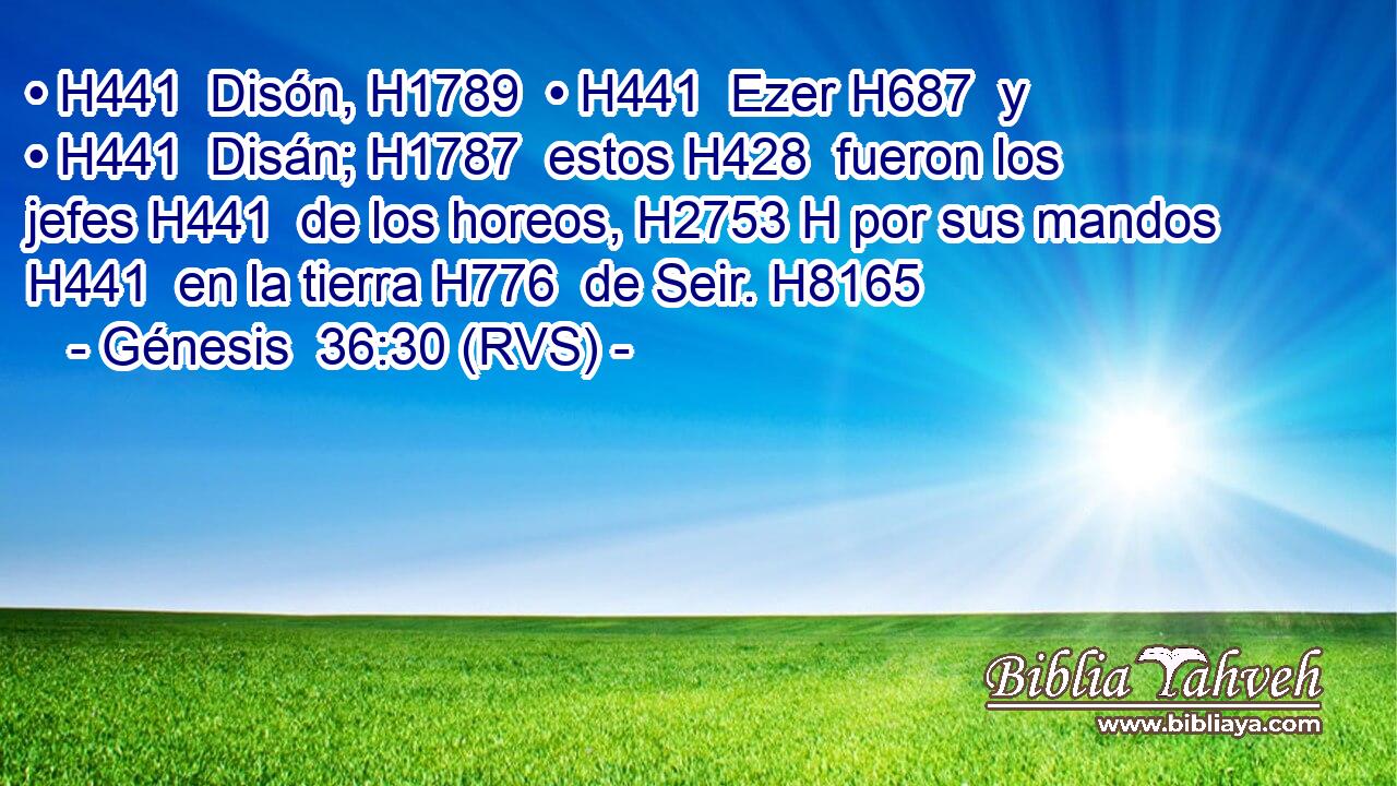 • H441  Disón, H1789  • H441  Ezer H687  y • H441  Disán; H1787  estos H428  fueron los jefes H441  de los horeos, H2753 H por sus mandos H441  en la tierra H776  de Seir. H8165  