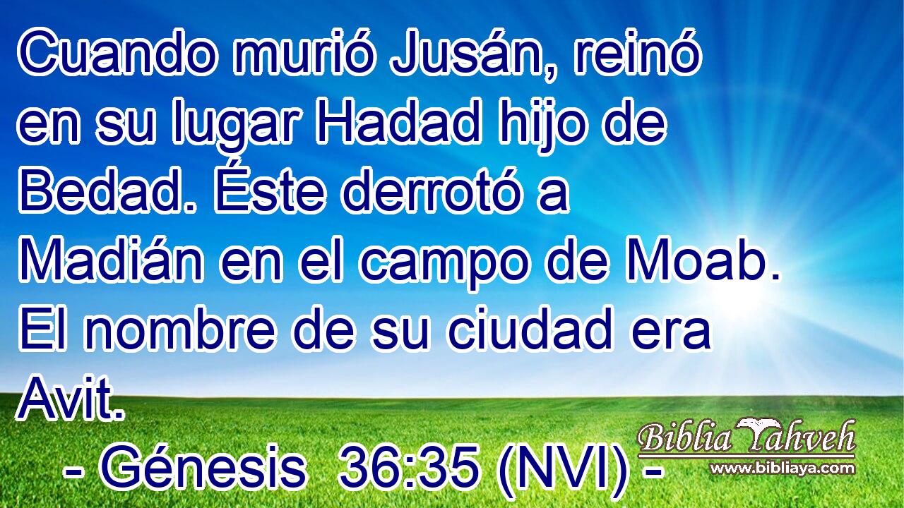  Cuando murió Jusán, reinó en su lugar Hadad hijo de Bedad. Éste derrotó a Madián en el campo de Moab. El nombre de su ciudad era Avit. 