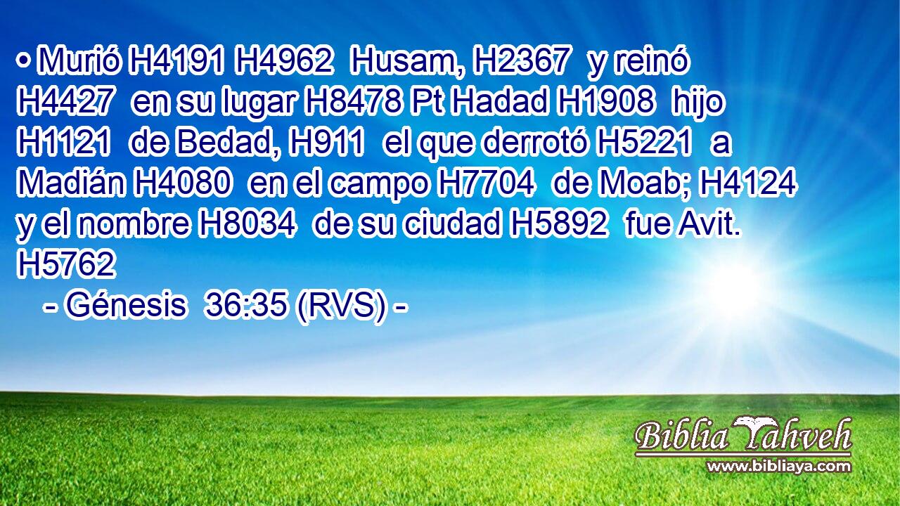 • Murió H4191 H4962  Husam, H2367  y reinó H4427  en su lugar H8478 Pt Hadad H1908  hijo H1121  de Bedad, H911  el que derrotó H5221  a Madián H4080  en el campo H7704  de Moab; H4124  y el nombre H8034  de su ciudad H5892  fue Avit. H5762  