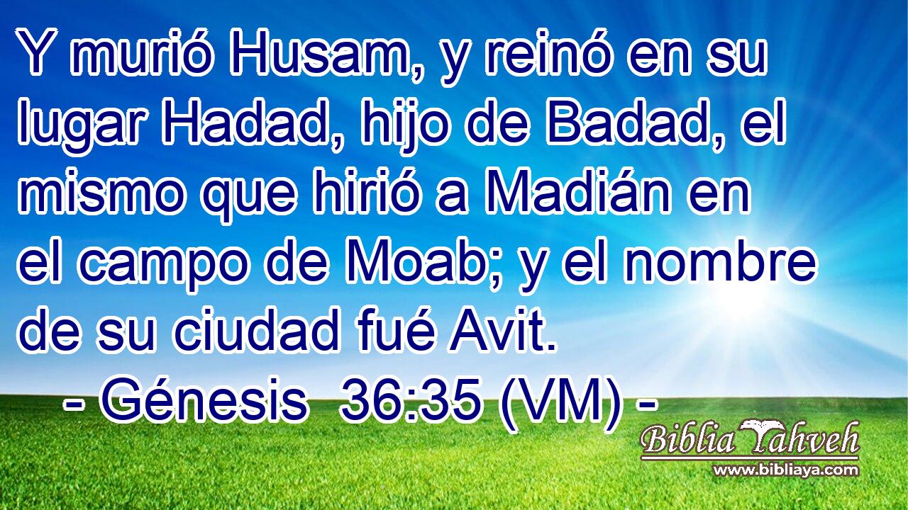  Y murió Husam, y reinó en su lugar Hadad, hijo de Badad, el mismo que hirió a Madián en el campo de Moab; y el nombre de su ciudad fué Avit. 