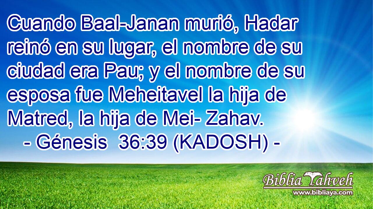  Cuando Baal-Janan murió, Hadar reinó en su lugar, el nombre de su ciudad era Pau; y el nombre de su esposa fue Meheitavel la hija de Matred, la hija de Mei- Zahav. 