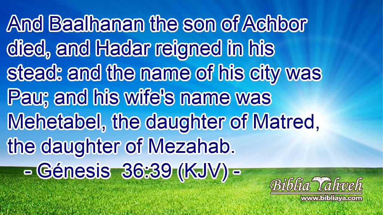 And Baalhanan the son of Achbor died, and Hadar reigned in his stead: and the name of his city was Pau; and his wife's name was Mehetabel, the daughter of Matred, the daughter of Mezahab.