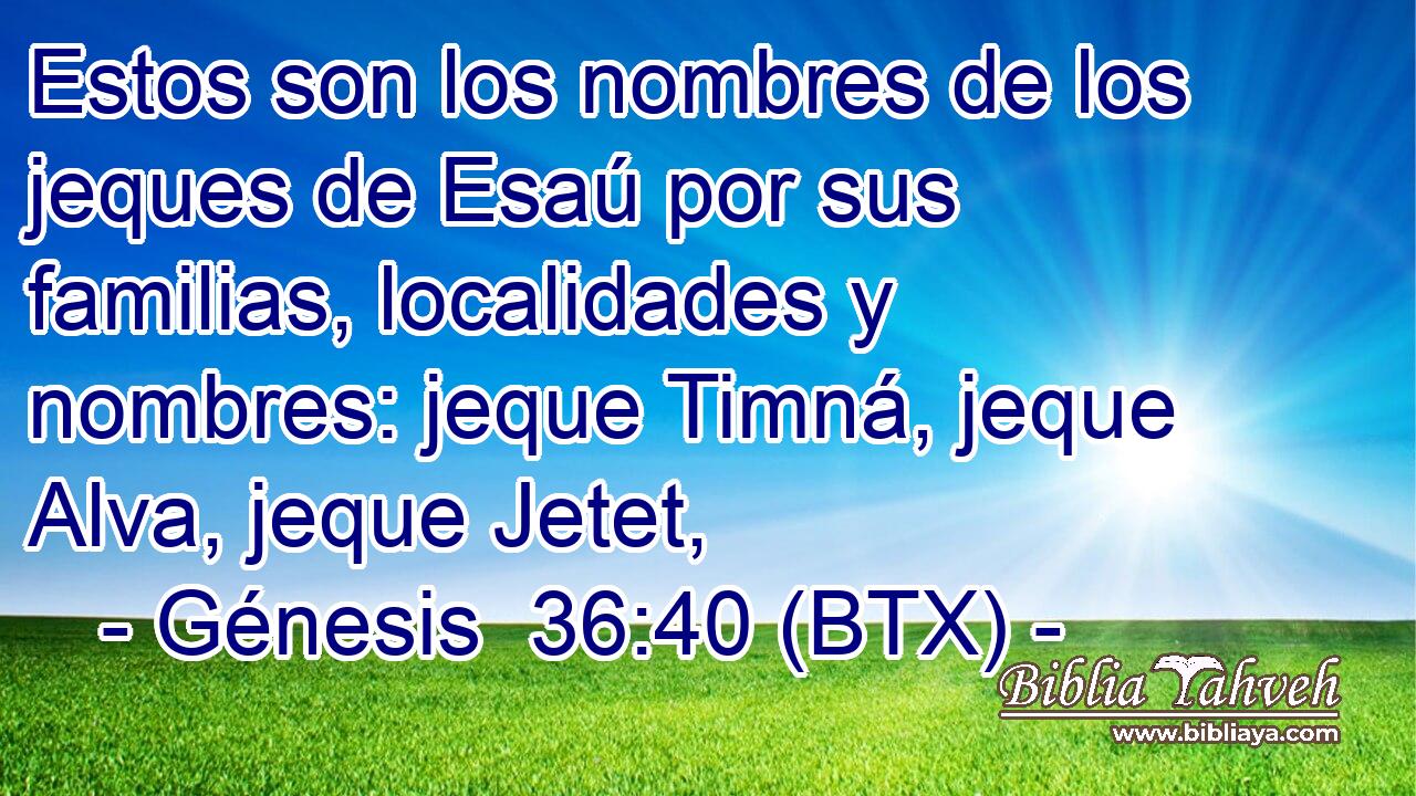 Estos son los nombres de los jeques de Esaú por sus familias, localidades y nombres: jeque Timná, jeque Alva, jeque Jetet,