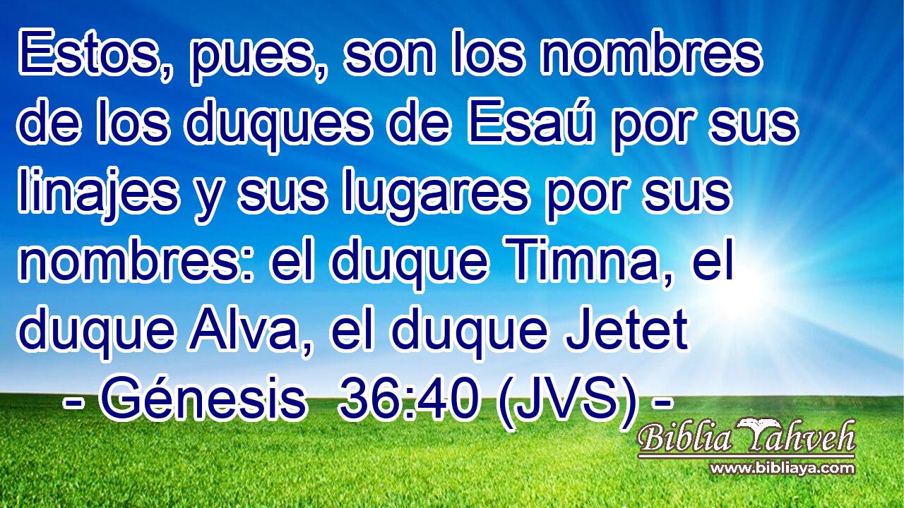 Estos, pues, son los nombres de los duques de Esaú por sus linajes y sus lugares por sus nombres: el duque Timna, el duque Alva, el duque Jetet