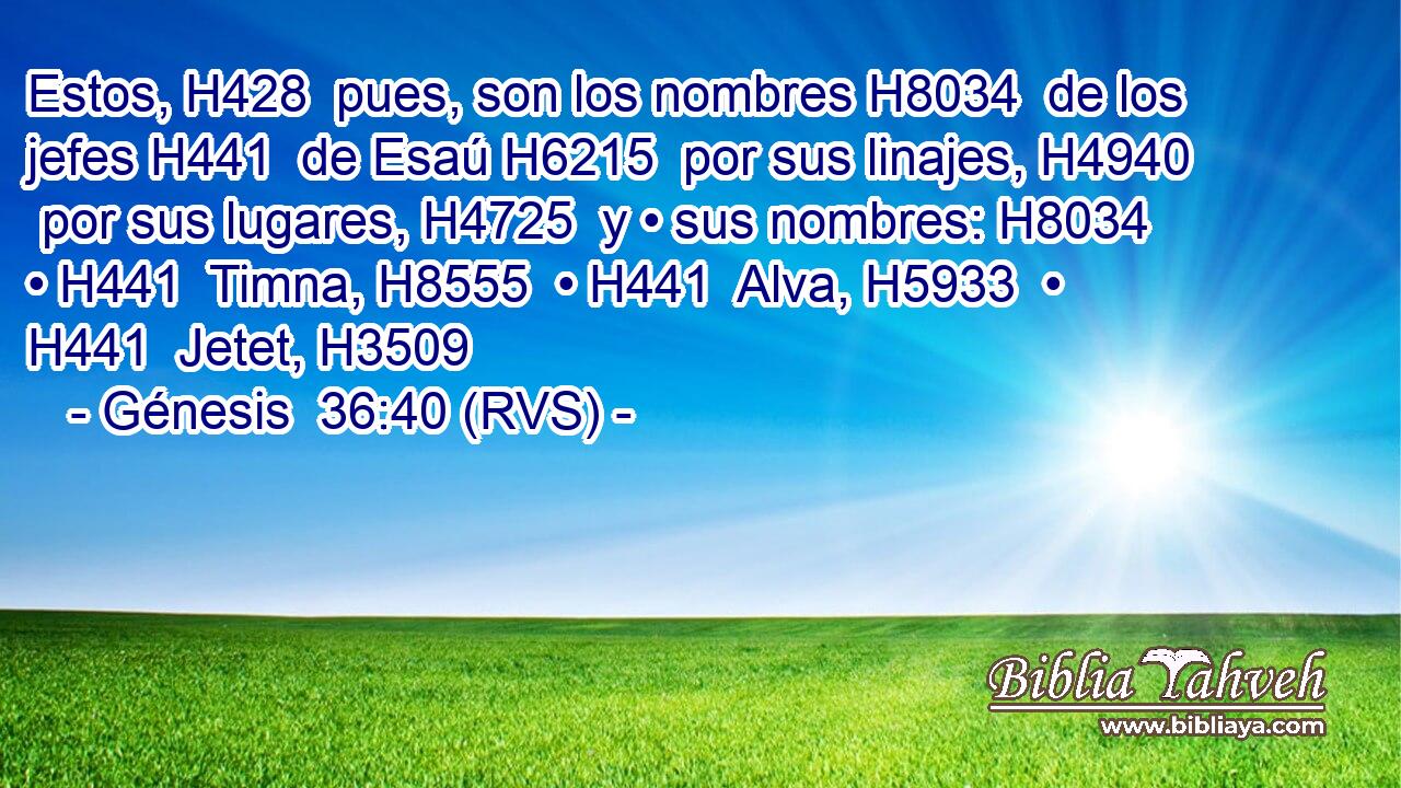 Estos, H428  pues, son los nombres H8034  de los jefes H441  de Esaú H6215  por sus linajes, H4940  por sus lugares, H4725  y • sus nombres: H8034  • H441  Timna, H8555  • H441  Alva, H5933  • H441  Jetet, H3509  
