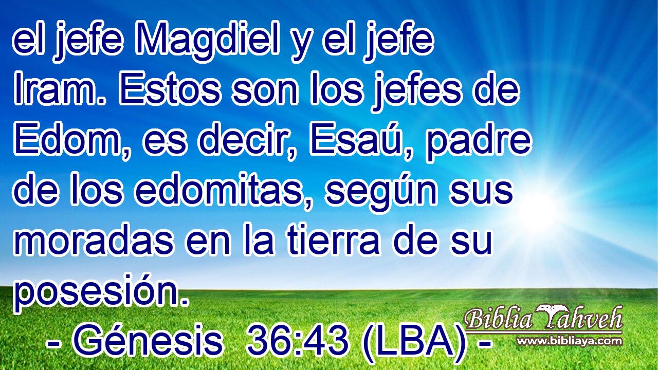 el jefe Magdiel y el jefe Iram. Estos son los jefes de Edom, es decir, Esaú, padre de los edomitas, según sus moradas en la tierra de su posesión.