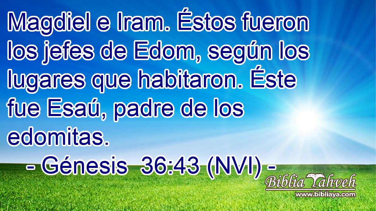  Magdiel e Iram. Éstos fueron los jefes de Edom, según los lugares que habitaron. Éste fue Esaú, padre de los edomitas. 