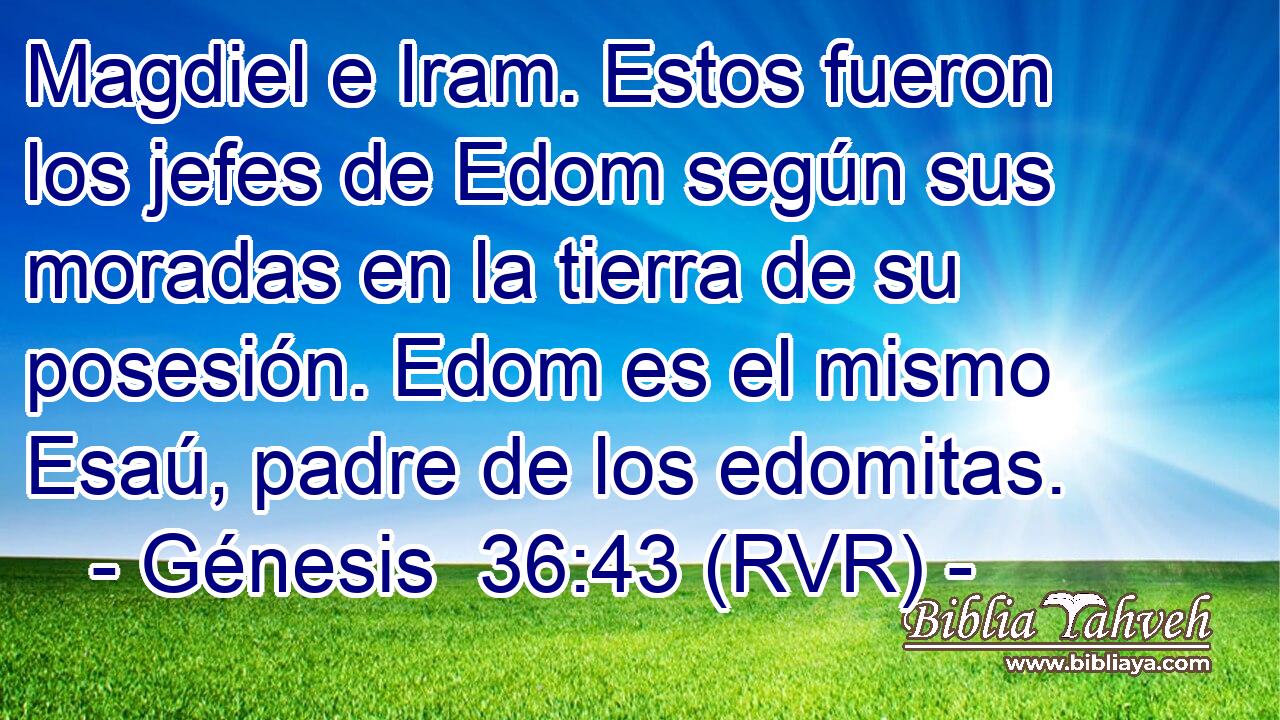 Magdiel e Iram. Estos fueron los jefes de Edom según sus moradas en la tierra de su posesión. Edom es el mismo Esaú, padre de los edomitas.