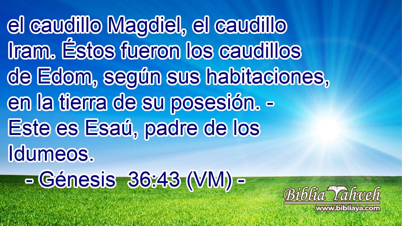 el caudillo Magdiel, el caudillo Iram. Éstos fueron los caudillos de Edom, según sus habitaciones, en la tierra de su posesión. - Este es Esaú, padre de los Idumeos. 