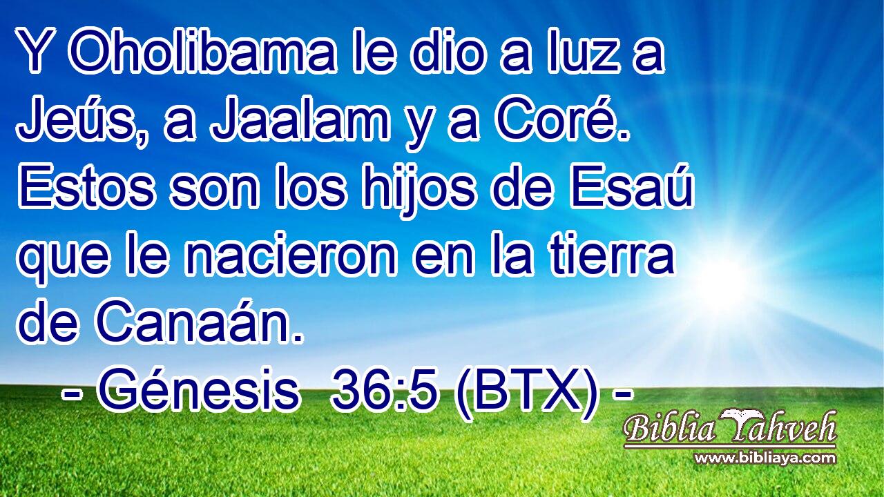 Y Oholibama le dio a luz a Jeús, a Jaalam y a Coré. Estos son los hijos de Esaú que le nacieron en la tierra de Canaán.