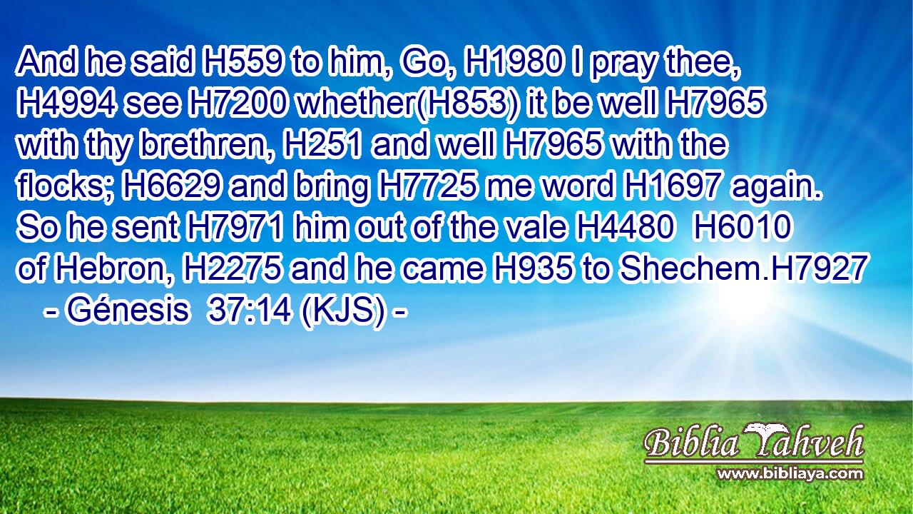 And he said H559 to him, Go, H1980 I pray thee, H4994 see H7200 whether(H853) it be well H7965 with thy brethren, H251 and well H7965 with the flocks; H6629 and bring H7725 me word H1697 again. So he sent H7971 him out of the vale H4480  H6010 of Hebron, H2275 and he came H935 to Shechem.H7927