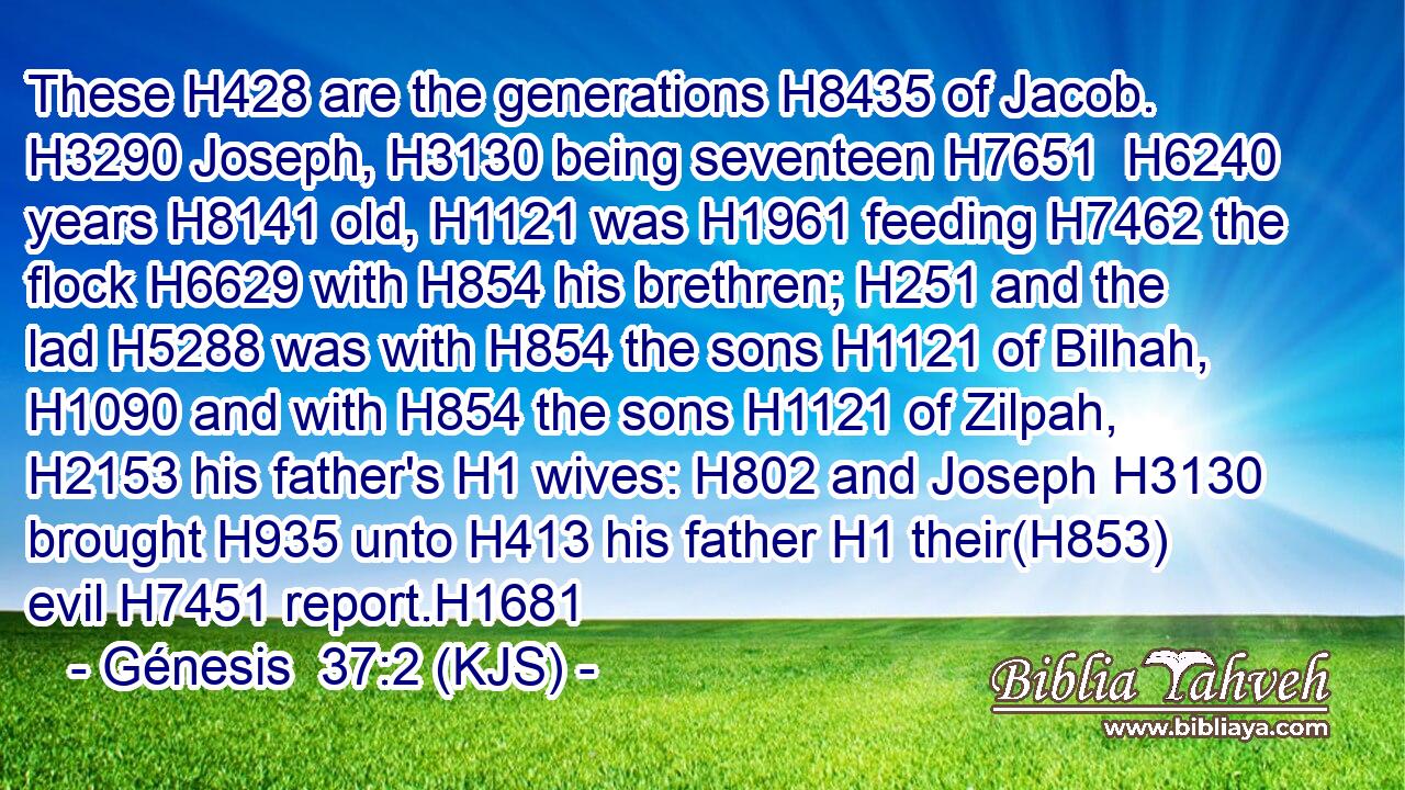 These H428 are the generations H8435 of Jacob. H3290 Joseph, H3130 being seventeen H7651  H6240 years H8141 old, H1121 was H1961 feeding H7462 the flock H6629 with H854 his brethren; H251 and the lad H5288 was with H854 the sons H1121 of Bilhah, H1090 and with H854 the sons H1121 of Zilpah, H2153 his father's H1 wives: H802 and Joseph H3130 brought H935 unto H413 his father H1 their(H853) evil H7451 report.H1681