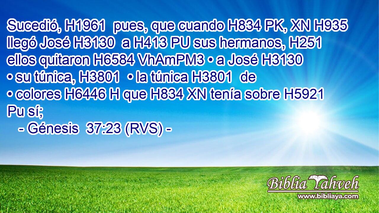 Sucedió, H1961  pues, que cuando H834 PK, XN H935 llegó José H3130  a H413 PU sus hermanos, H251  ellos quitaron H6584 VhAmPM3 • a José H3130  • su túnica, H3801  • la túnica H3801  de • colores H6446 H que H834 XN tenía sobre H5921 Pu sí; 