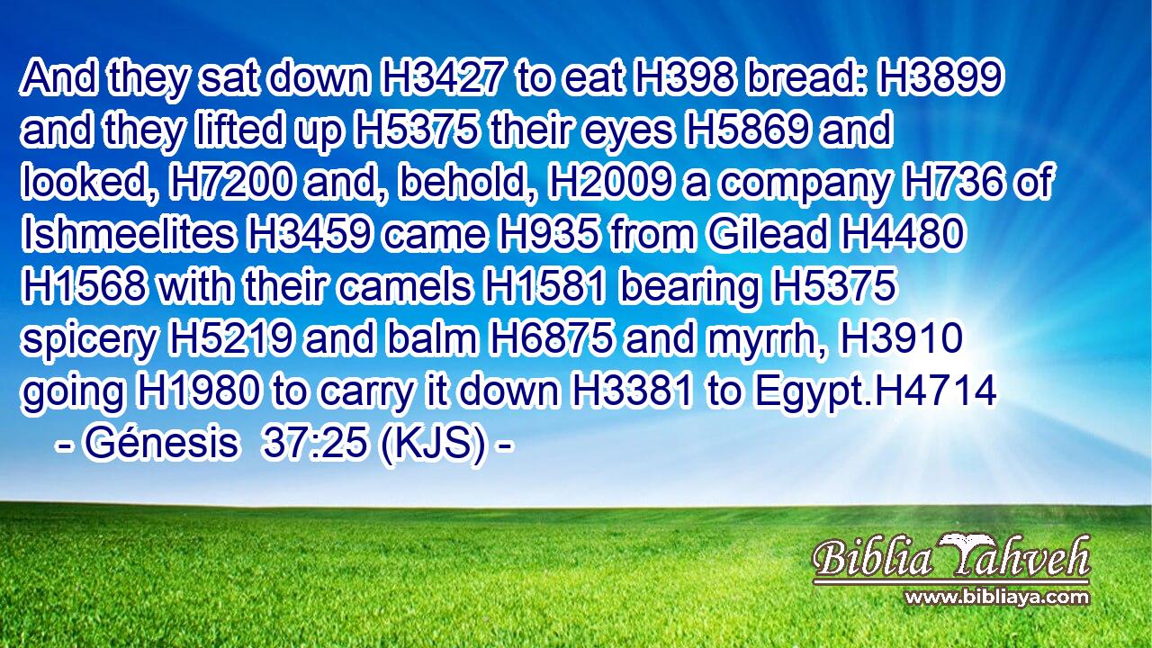 And they sat down H3427 to eat H398 bread: H3899 and they lifted up H5375 their eyes H5869 and looked, H7200 and, behold, H2009 a company H736 of Ishmeelites H3459 came H935 from Gilead H4480  H1568 with their camels H1581 bearing H5375 spicery H5219 and balm H6875 and myrrh, H3910 going H1980 to carry it down H3381 to Egypt.H4714