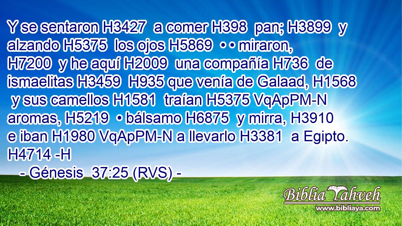 Y se sentaron H3427  a comer H398  pan; H3899  y alzando H5375  los ojos H5869  • • miraron, H7200  y he aquí H2009  una compañía H736  de ismaelitas H3459  H935 que venía de Galaad, H1568  y sus camellos H1581  traían H5375 VqApPM-N aromas, H5219  • bálsamo H6875  y mirra, H3910  e iban H1980 VqApPM-N a llevarlo H3381  a Egipto. H4714 -H 