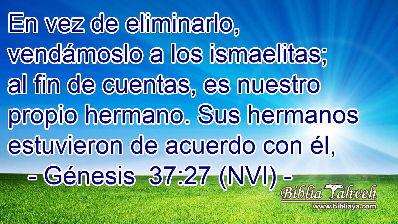  En vez de eliminarlo, vendámoslo a los ismaelitas; al fin de cuentas, es nuestro propio hermano. Sus hermanos estuvieron de acuerdo con él, 