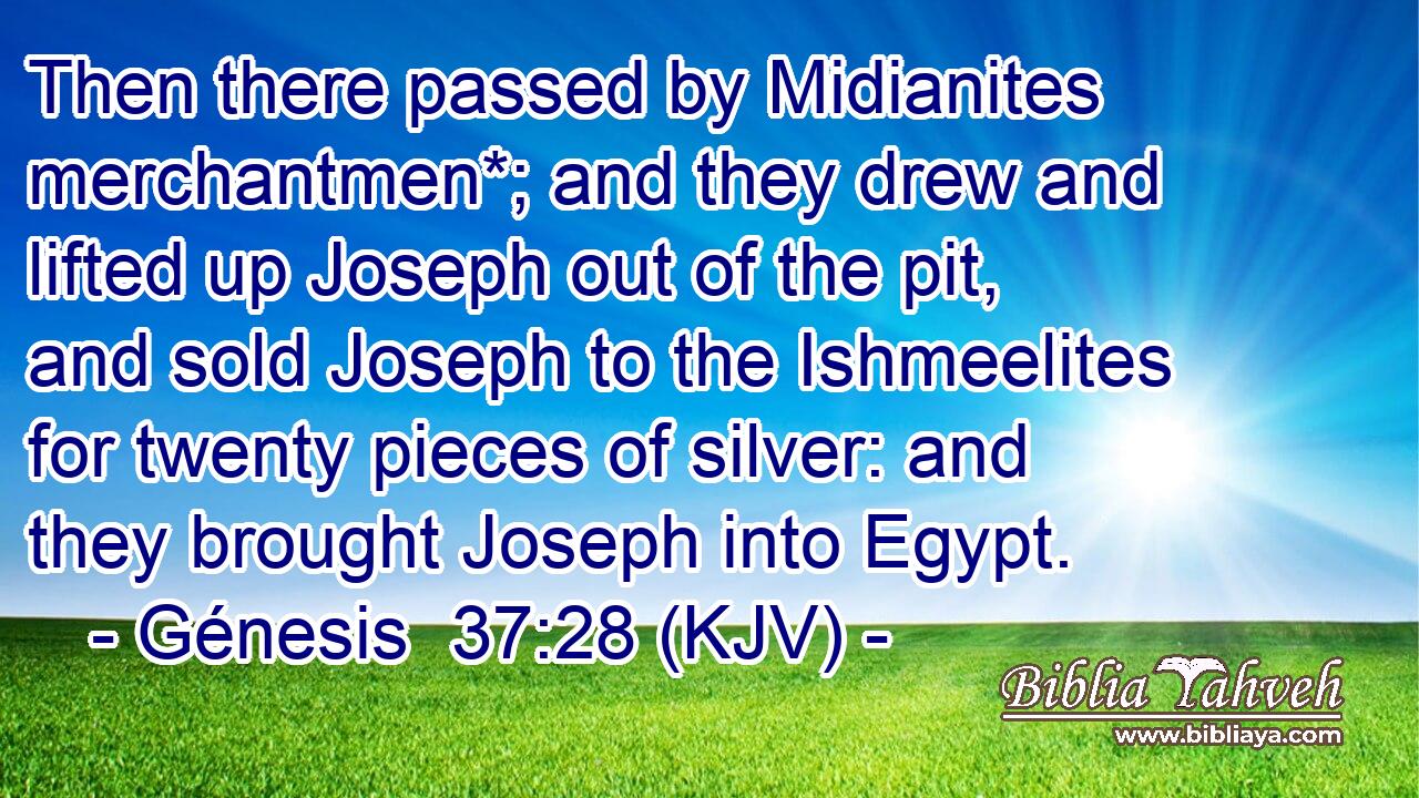 Then there passed by Midianites merchantmen*; and they drew and lifted up Joseph out of the pit, and sold Joseph to the Ishmeelites for twenty pieces of silver: and they brought Joseph into Egypt.