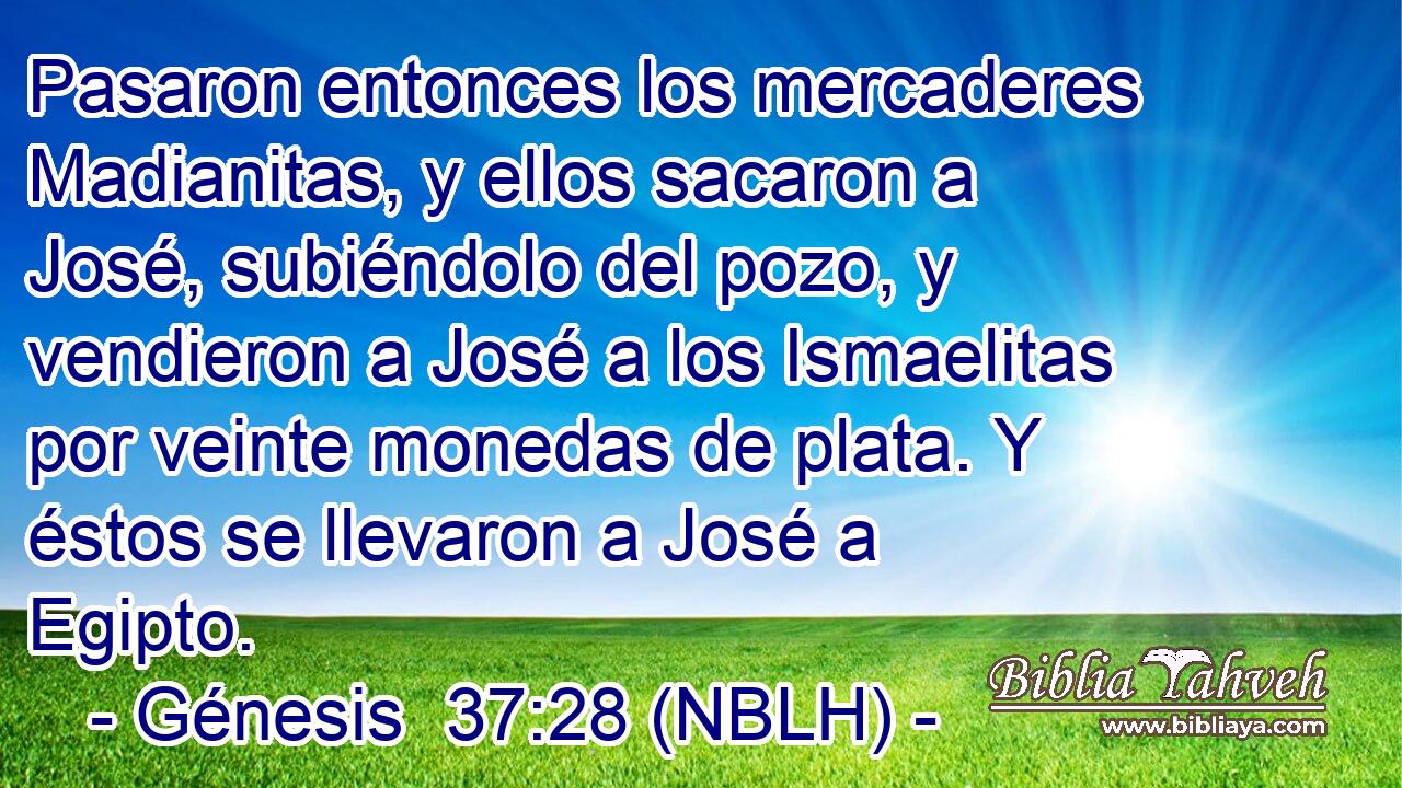 Pasaron entonces los mercaderes Madianitas, y ellos sacaron a José, subiéndolo del pozo, y vendieron a José a los Ismaelitas por veinte monedas de plata. Y éstos se llevaron a José a Egipto. 