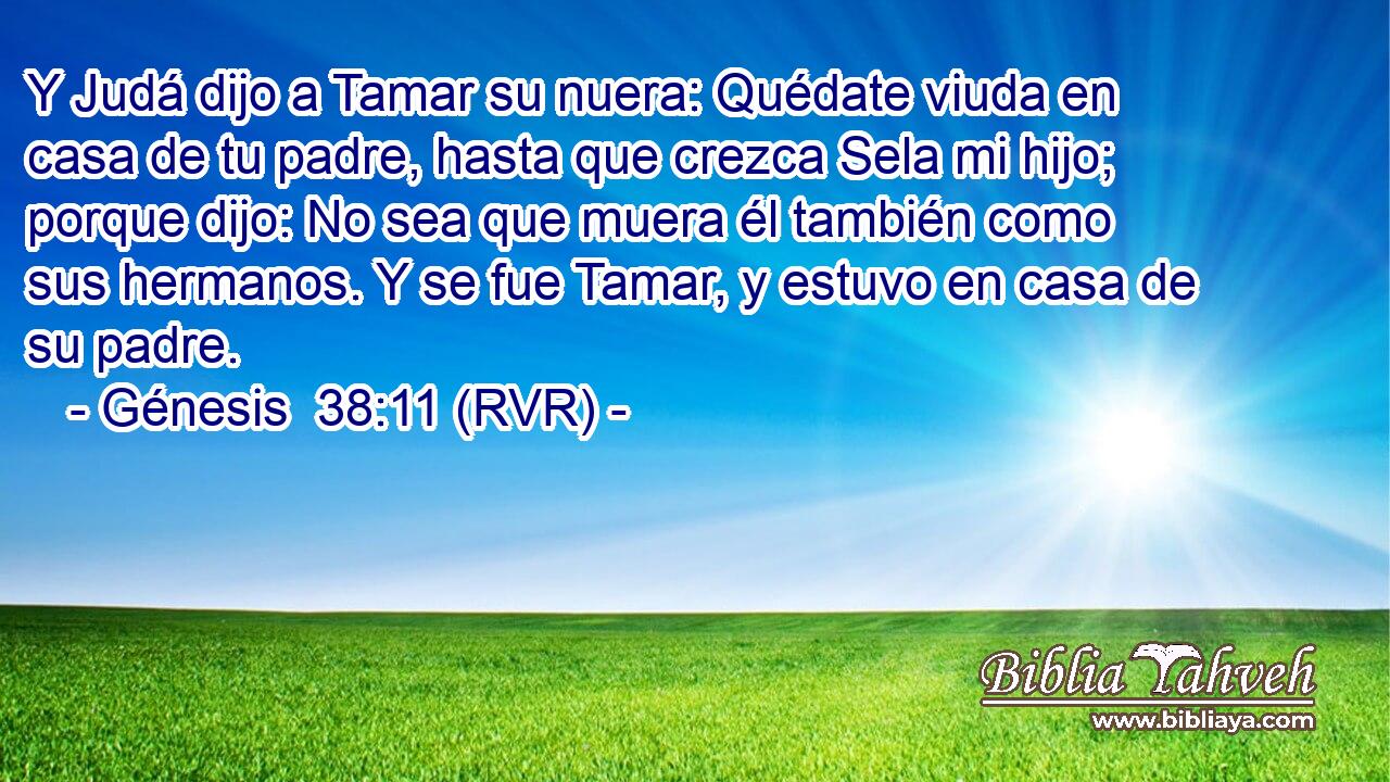 Y Judá dijo a Tamar su nuera: Quédate viuda en casa de tu padre, hasta que crezca Sela mi hijo; porque dijo: No sea que muera él también como sus hermanos. Y se fue Tamar, y estuvo en casa de su padre.